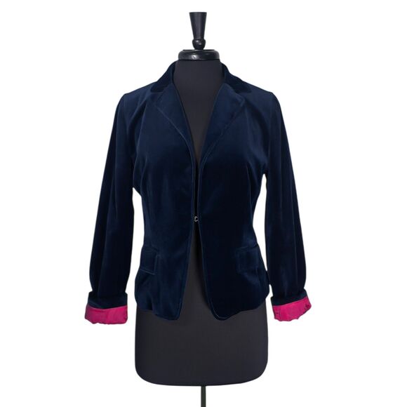 J.Crew Women’s Blazer 10 Navy Blue Velvet Pink Lined Work Preppy Holiday Jacket - Picture 1 of 10